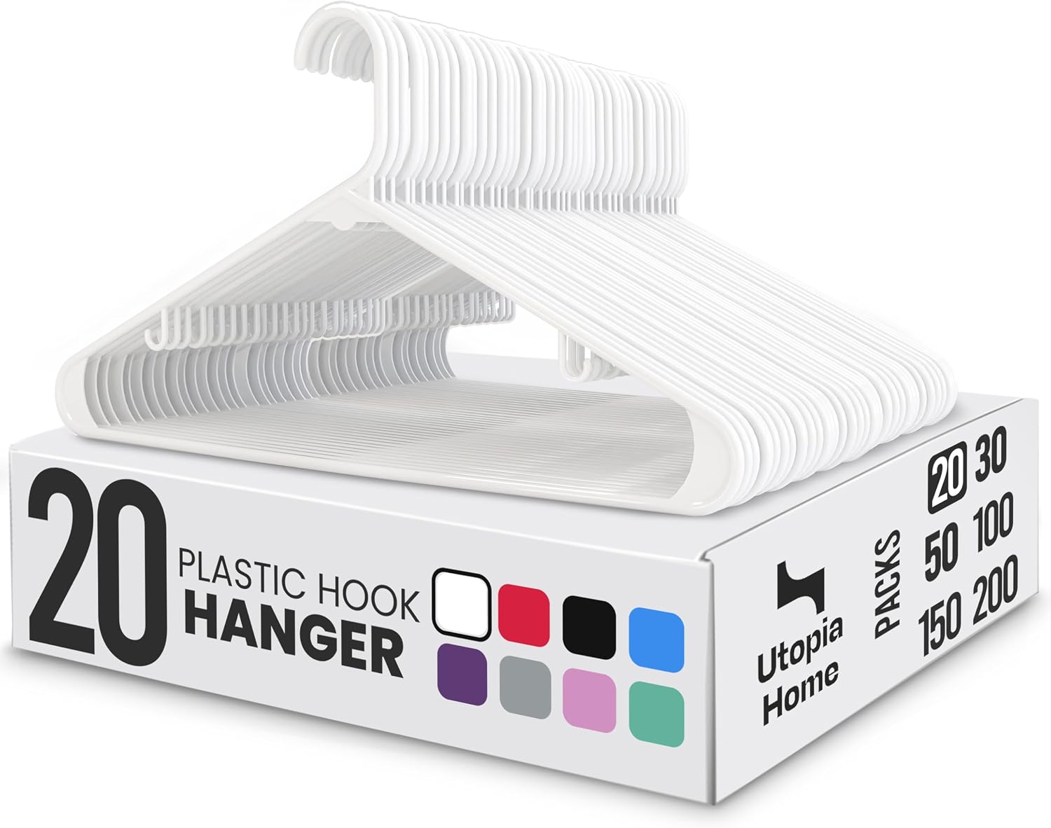 Utopia Home Plastic Hangers 20 Pack – Built-in Strap Hooks White | Space saving | Durable & strong | Closet organizer | Clothes hangers | Ideal for shirts. pants. skirts & coats